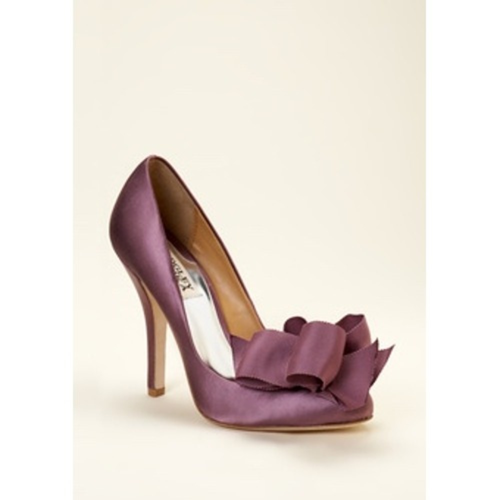 Badgley Mischka Randall Plum Satin Bow Peep Toe Pumps Purple Heels 7.5M